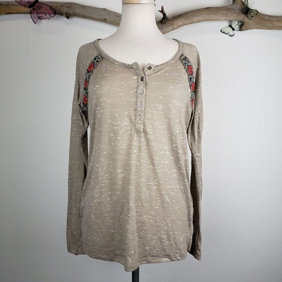 Eyeshadow tan beaded long sleeve henley tshirt - Picture 1 of 8